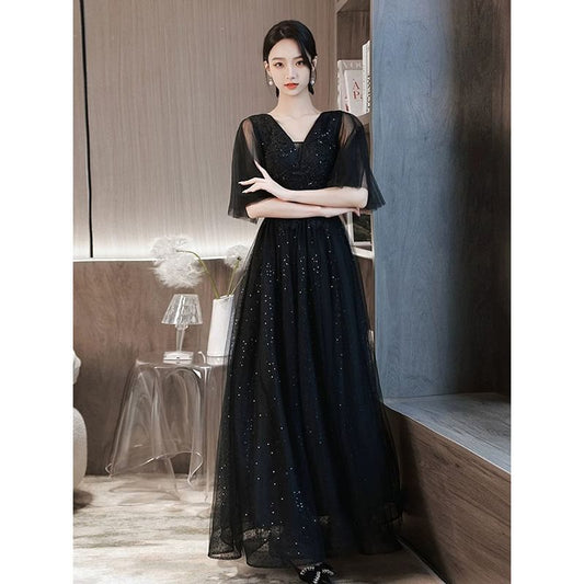 Short-Sleeve V-Neck Sequined A-Line Mesh Evening Gown