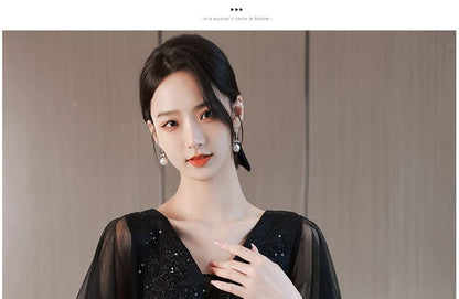 Short-Sleeve V-Neck Sequined A-Line Mesh Evening Gown