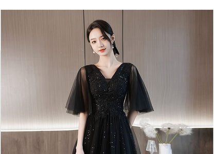 Short-Sleeve V-Neck Sequined A-Line Mesh Evening Gown