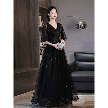 Short-Sleeve V-Neck Sequined A-Line Mesh Evening Gown