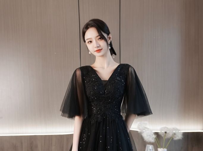 Short-Sleeve V-Neck Sequined A-Line Mesh Evening Gown