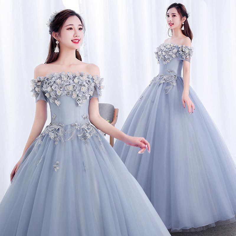 Off-Shoulder Floral A-Line Mesh Evening Gown