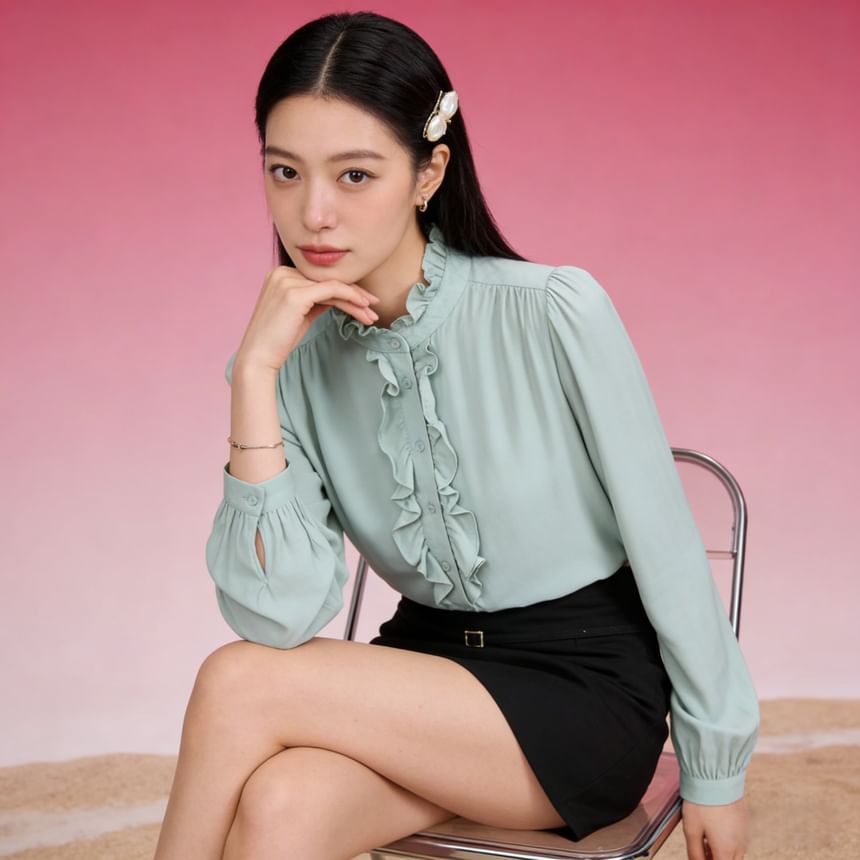 Ruffled Collar Long-Sleeve Blouse with Trim Details