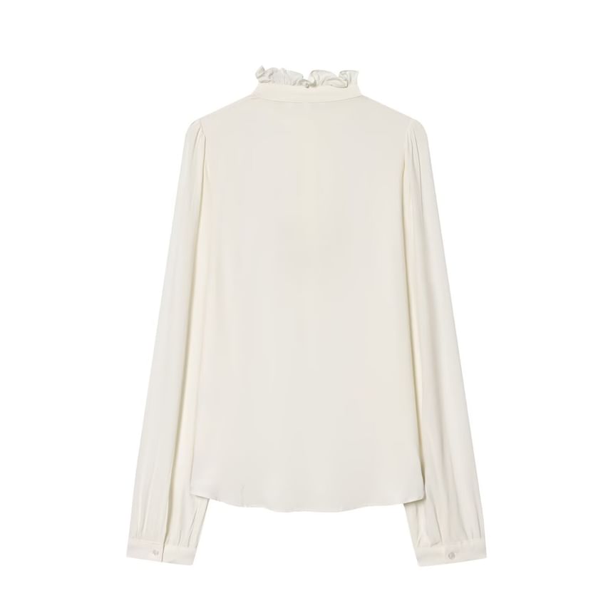 Ruffled Collar Long-Sleeve Blouse with Trim Details