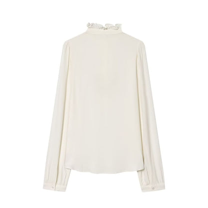 Ruffled Collar Long-Sleeve Blouse with Trim Details