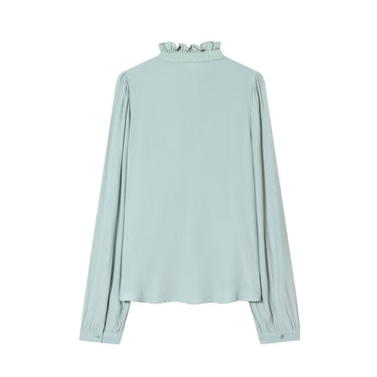 Ruffled Collar Long-Sleeve Blouse with Trim Details