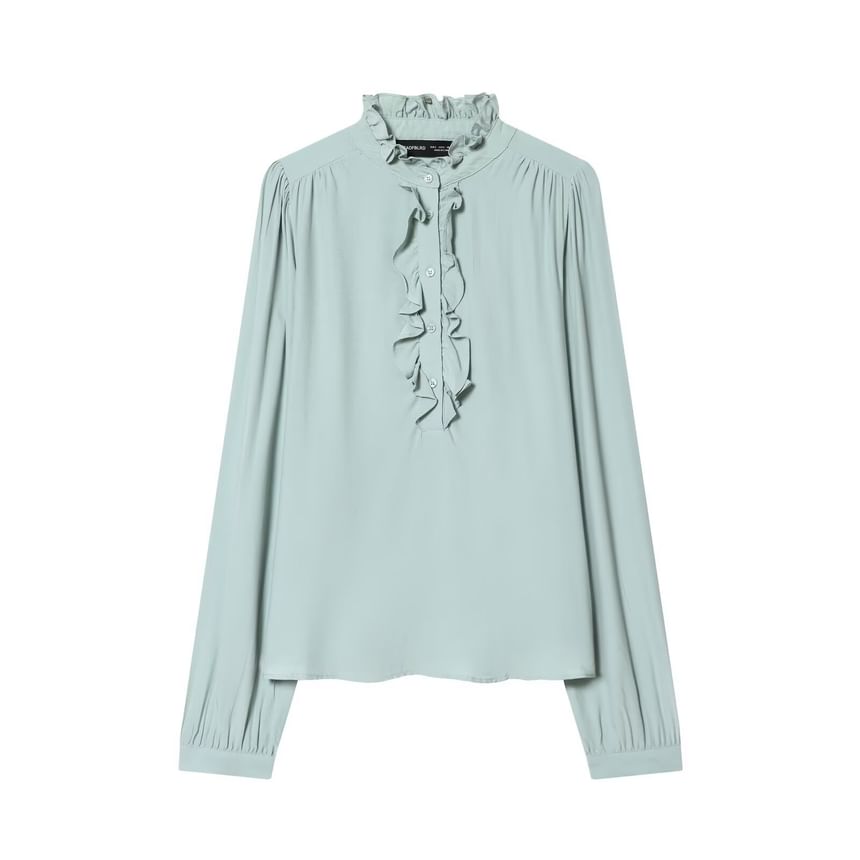 Ruffled Collar Long-Sleeve Blouse with Trim Details