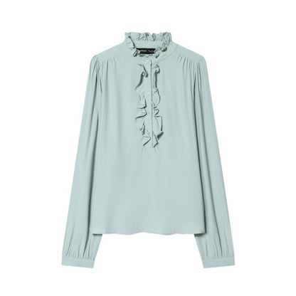 Ruffled Collar Long-Sleeve Blouse with Trim Details