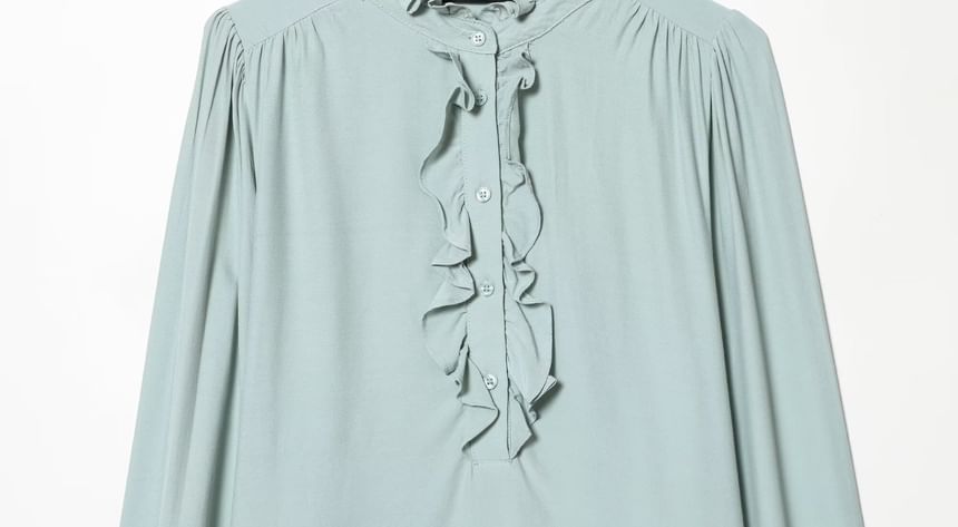 Ruffled Collar Long-Sleeve Blouse with Trim Details