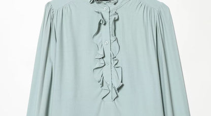 Ruffled Collar Long-Sleeve Blouse with Trim Details