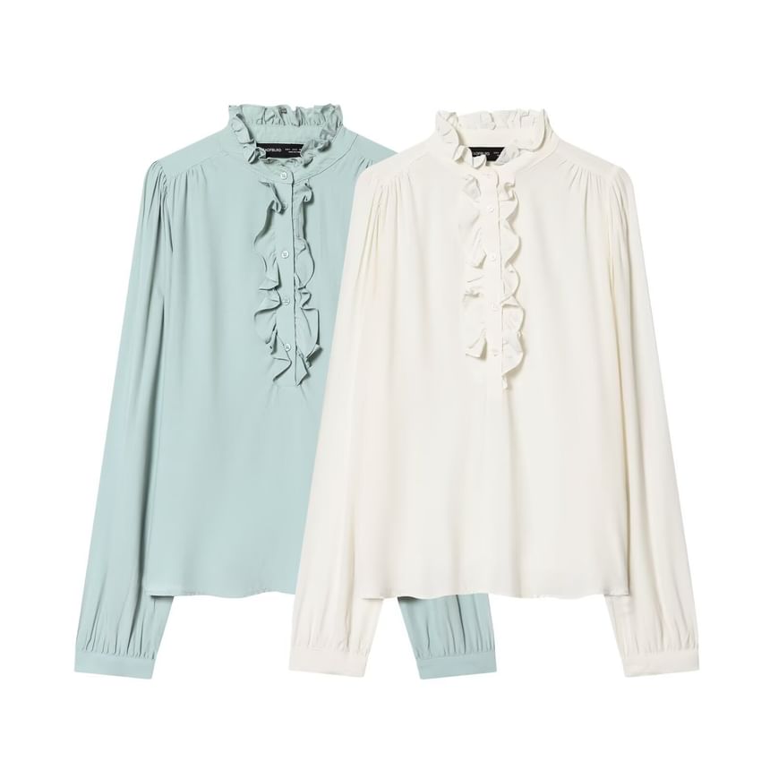 Ruffled Collar Long-Sleeve Blouse with Trim Details
