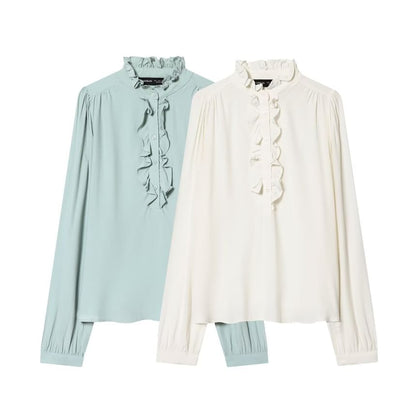 Ruffled Collar Long-Sleeve Blouse with Trim Details
