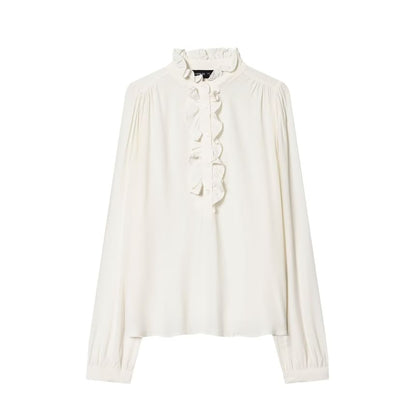 Ruffled Collar Long-Sleeve Blouse with Trim Details