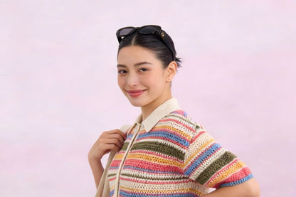 Striped Collared Short-Sleeve Knit Top with Knit Shorts
