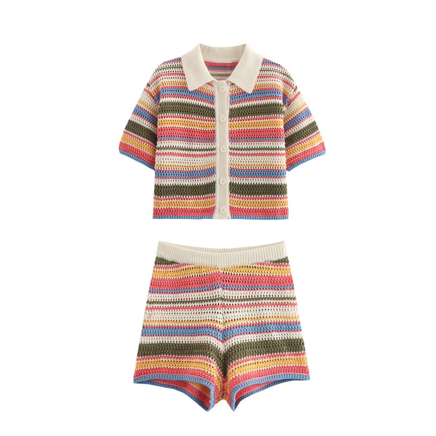 Striped Collared Short-Sleeve Knit Top with Knit Shorts