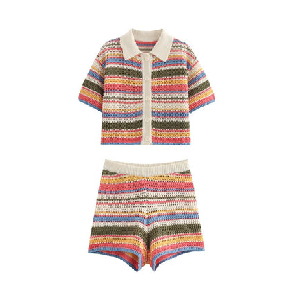 Striped Collared Short-Sleeve Knit Top with Knit Shorts