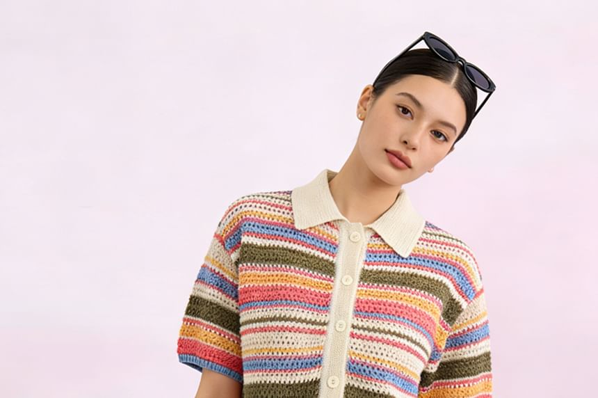 Striped Collared Short-Sleeve Knit Top with Knit Shorts