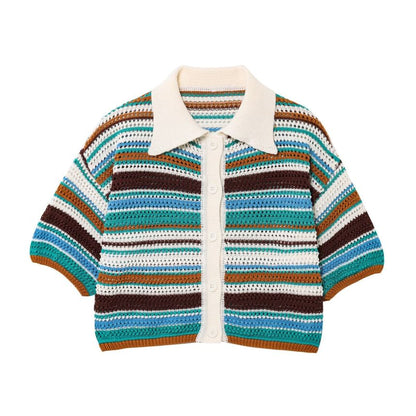 Striped Collared Short-Sleeve Knit Top with Knit Shorts