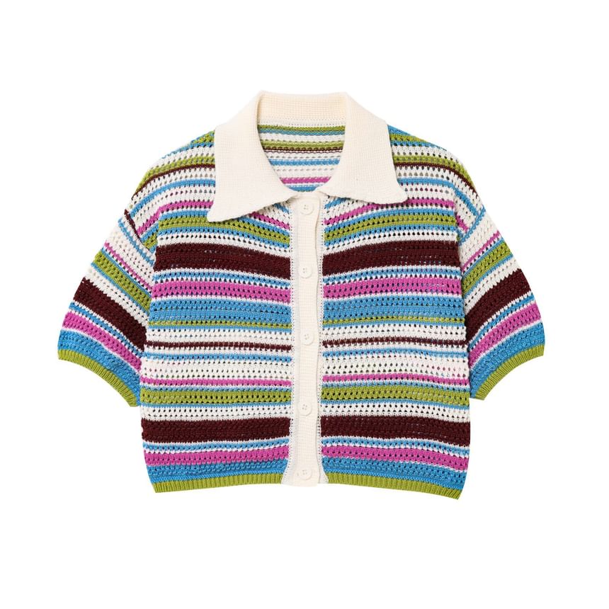 Striped Collared Short-Sleeve Knit Top with Knit Shorts