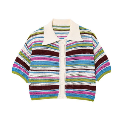 Striped Collared Short-Sleeve Knit Top with Knit Shorts