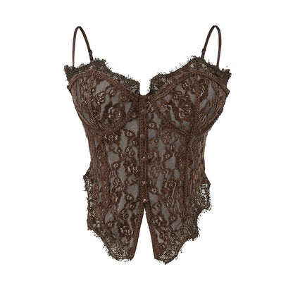 Button-Front Lace Corset Crop Top