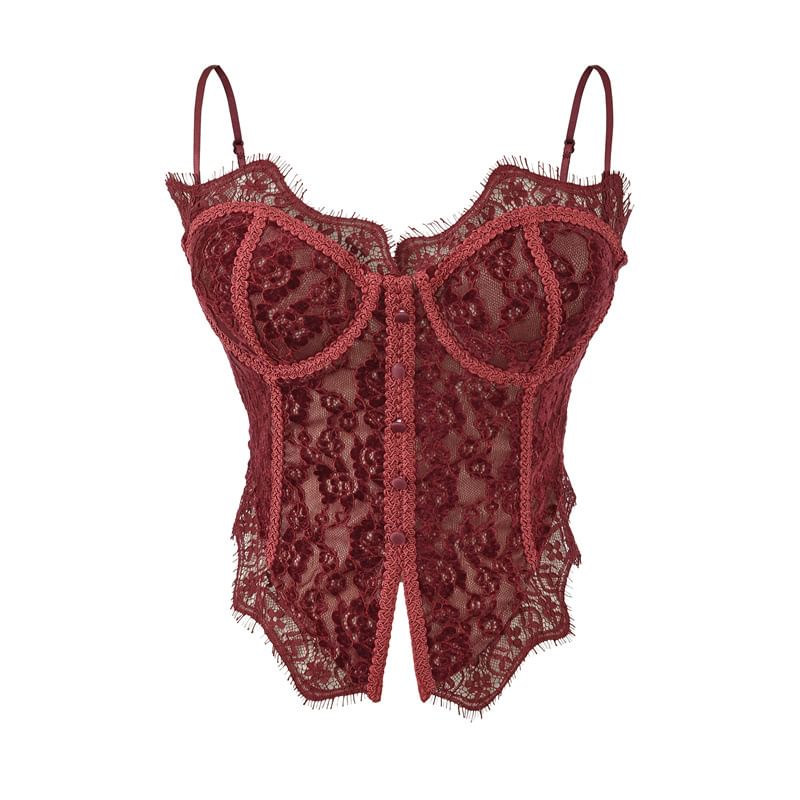 Button-Front Lace Corset Crop Top