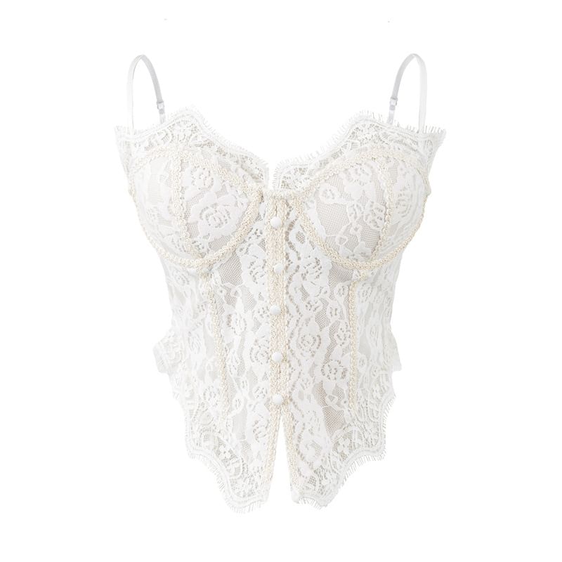 Button-Front Lace Corset Crop Top