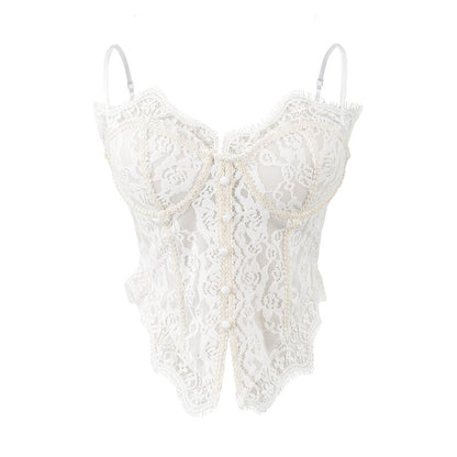 Button-Front Lace Corset Crop Top