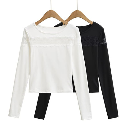 Lace-Insert Crewneck Crop Tee with Long Sleeves