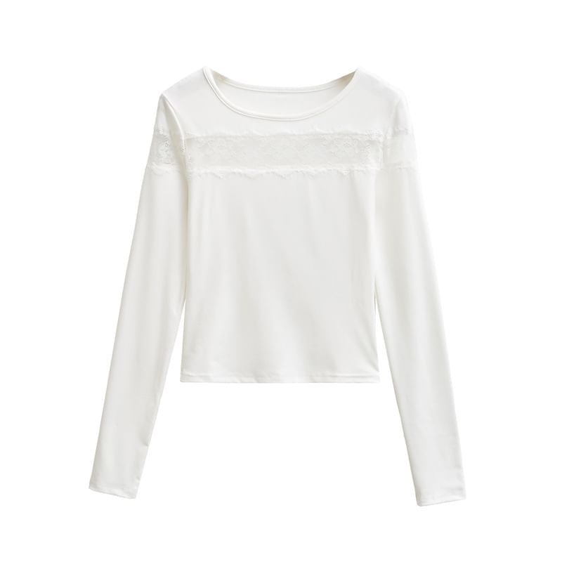 Lace-Insert Crewneck Crop Tee with Long Sleeves