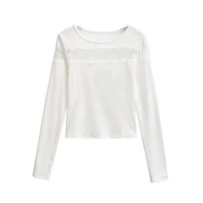 Lace-Insert Crewneck Crop Tee with Long Sleeves