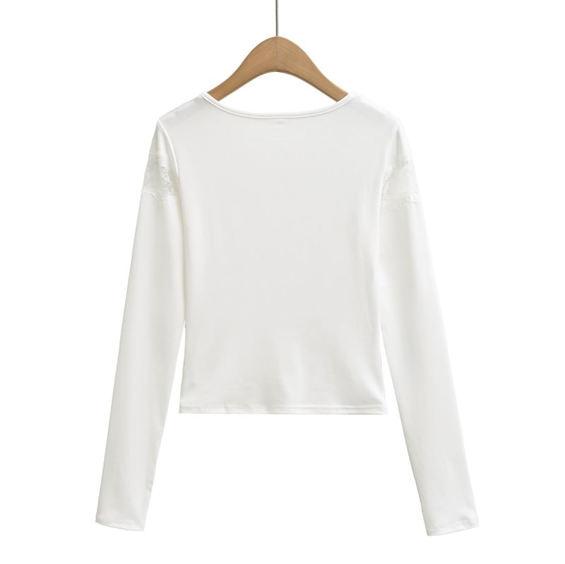Lace-Insert Crewneck Crop Tee with Long Sleeves