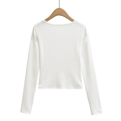 Lace-Insert Crewneck Crop Tee with Long Sleeves