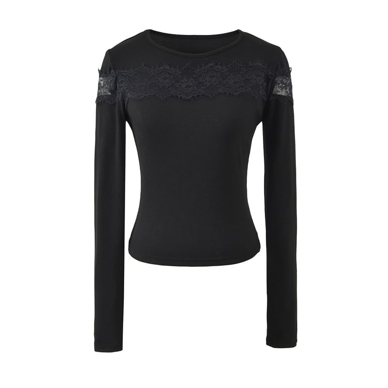 Lace-Insert Crewneck Crop Tee with Long Sleeves