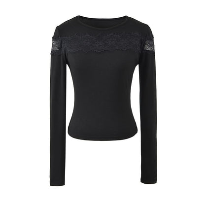 Lace-Insert Crewneck Crop Tee with Long Sleeves