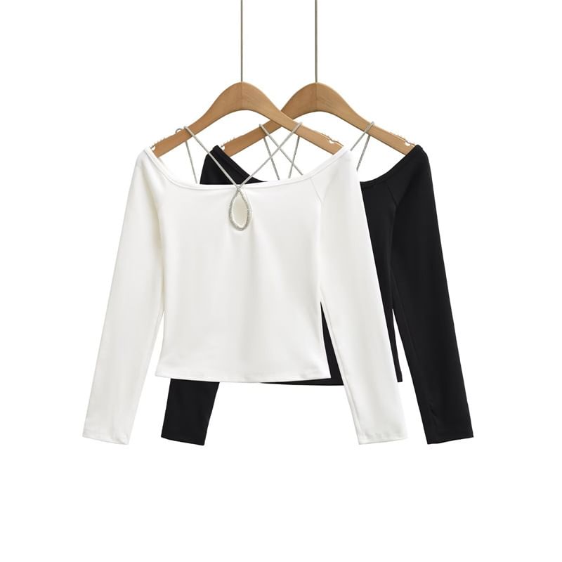 Crystal-Embellished Fitted Crop Tee with Long Sleeves