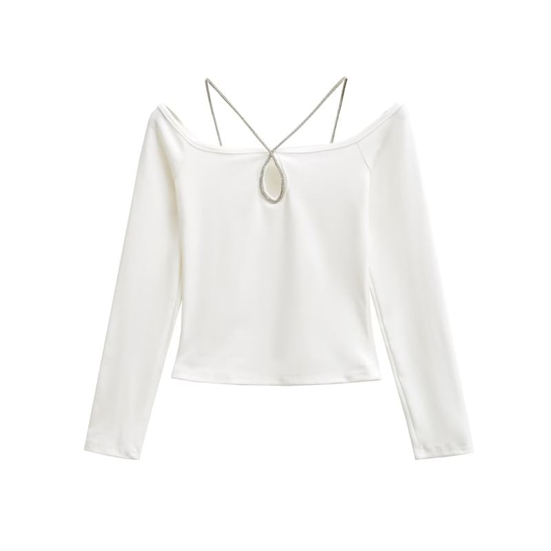 Crystal-Embellished Fitted Crop Tee with Long Sleeves