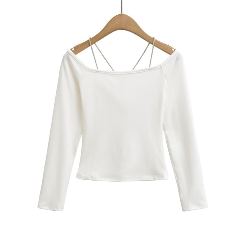 Crystal-Embellished Fitted Crop Tee with Long Sleeves