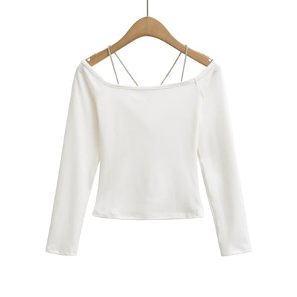 Crystal-Embellished Fitted Crop Tee with Long Sleeves