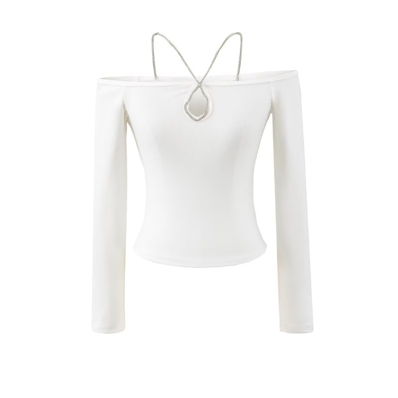 Crystal-Embellished Fitted Crop Tee with Long Sleeves
