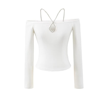 Crystal-Embellished Fitted Crop Tee with Long Sleeves
