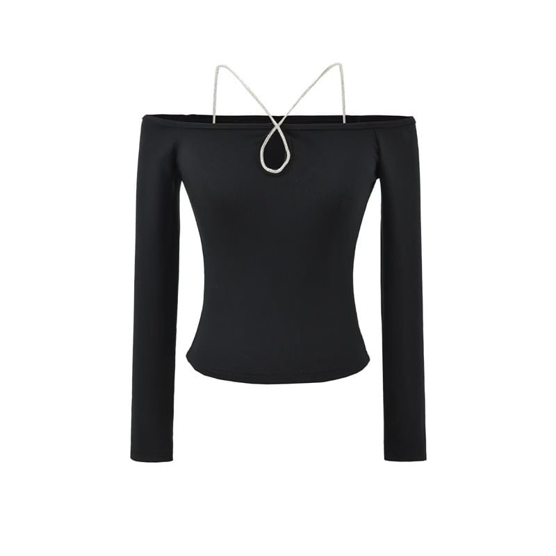 Crystal-Embellished Fitted Crop Tee with Long Sleeves