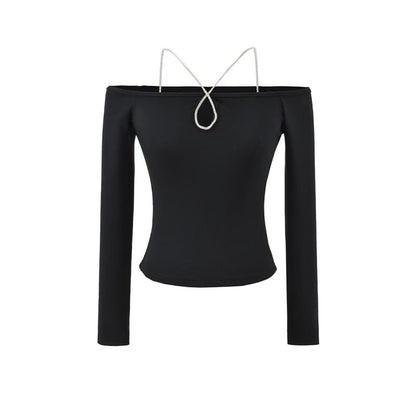 Crystal-Embellished Fitted Crop Tee with Long Sleeves