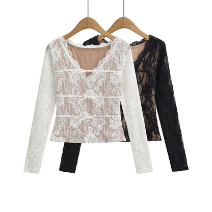 V-Neck Lace Crop Top with Long Sleeves