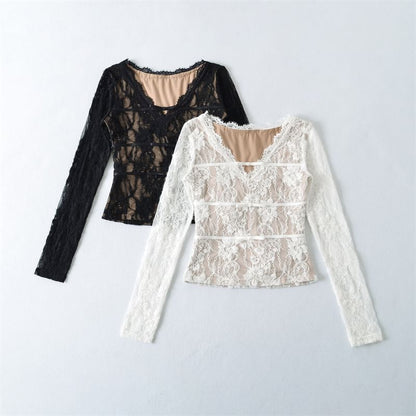 V-Neck Lace Crop Top with Long Sleeves