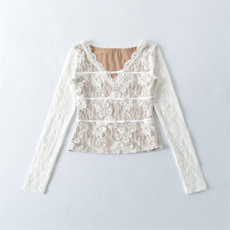 V-Neck Lace Crop Top with Long Sleeves