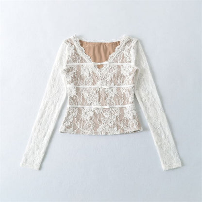 V-Neck Lace Crop Top with Long Sleeves