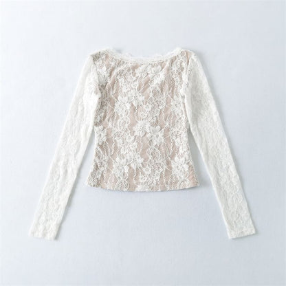V-Neck Lace Crop Top with Long Sleeves
