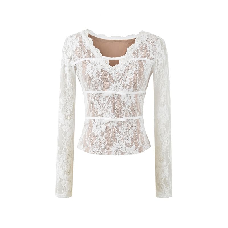 V-Neck Lace Crop Top with Long Sleeves