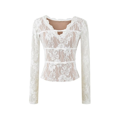 V-Neck Lace Crop Top with Long Sleeves